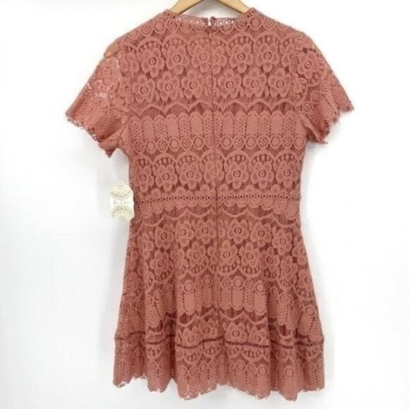 Altar'd State Pink Lace Overlay Marsala Wedding Sheath Large Short Sleeve Dress - Picture 5 of 6